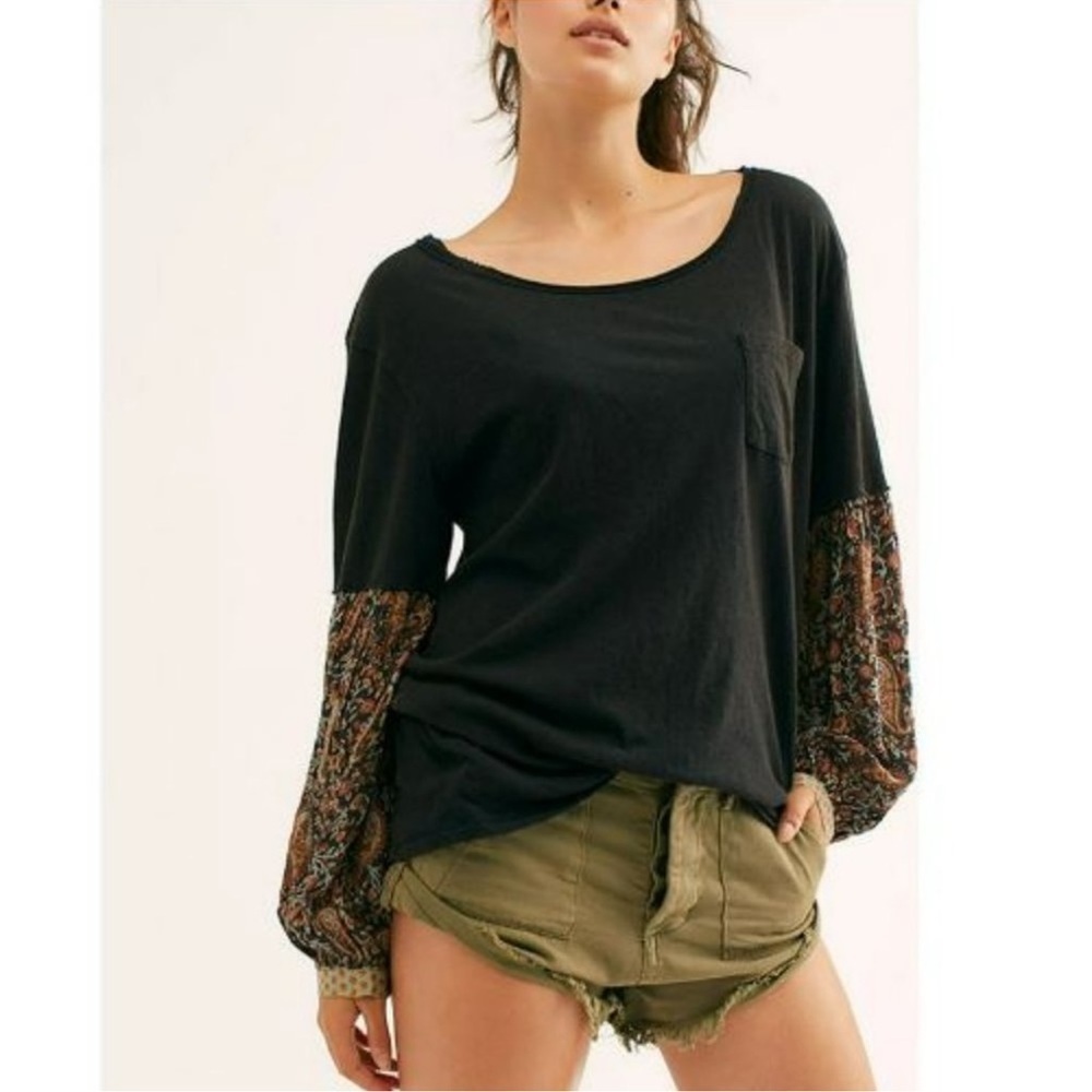FREE PEOPLE We The Free Jade Black Paisley Floral Mixed Media Long Sleeve Top